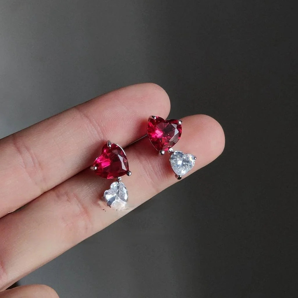French Elegant Double Heart Zircon Stud Earrings Two Tone Sparkling Heart Jewelry