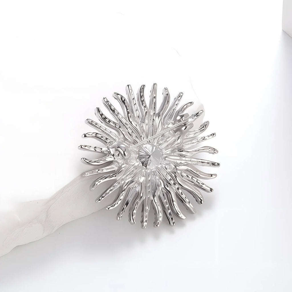 Luxury Sunflower Sunburst Rhinestone Brooch With Blue Glass Center, Elegant Women's Lapel Pin Suit Accessory