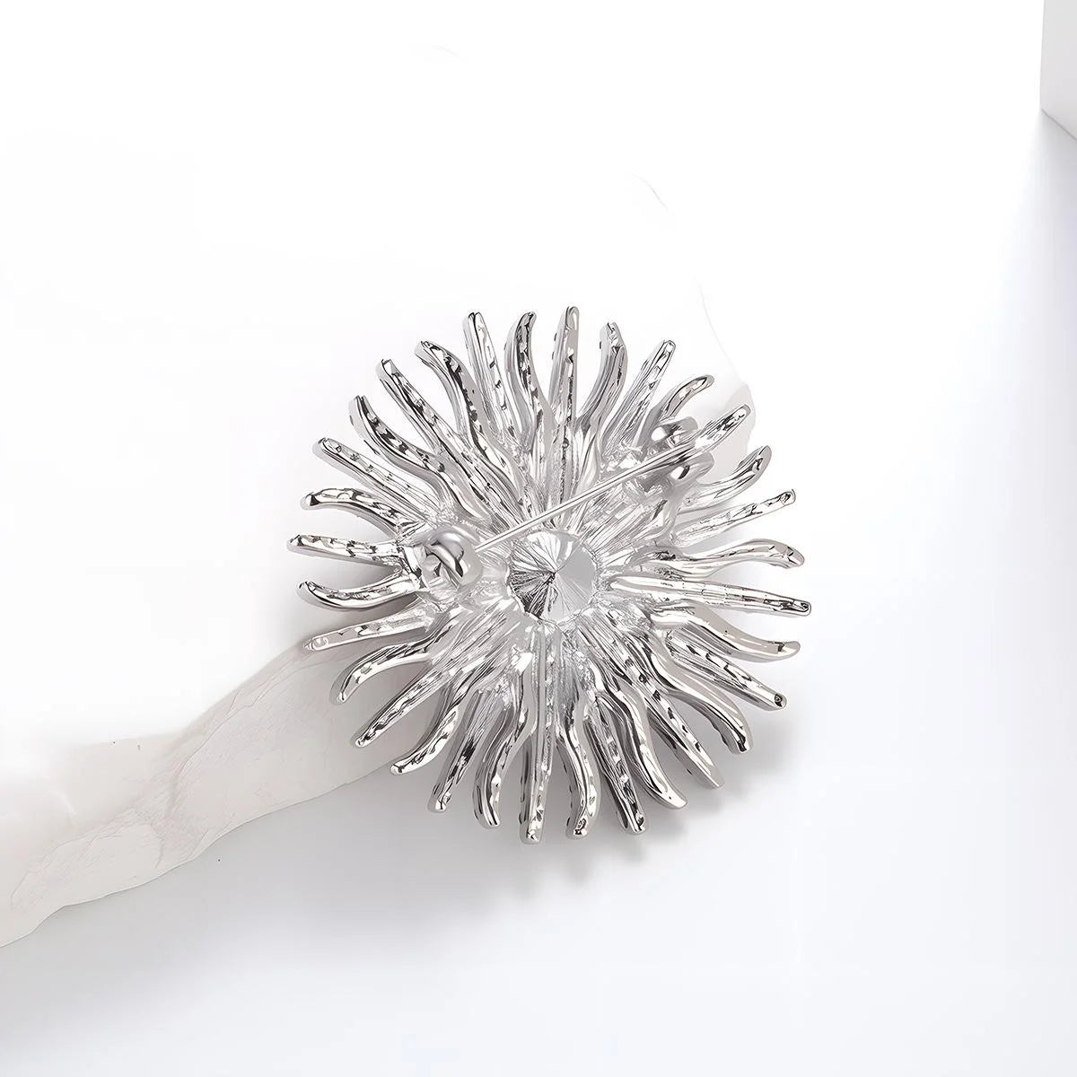 Luxury Sunflower Sunburst Rhinestone Brooch With Blue Glass Center, Elegant Women's Lapel Pin Suit Accessory