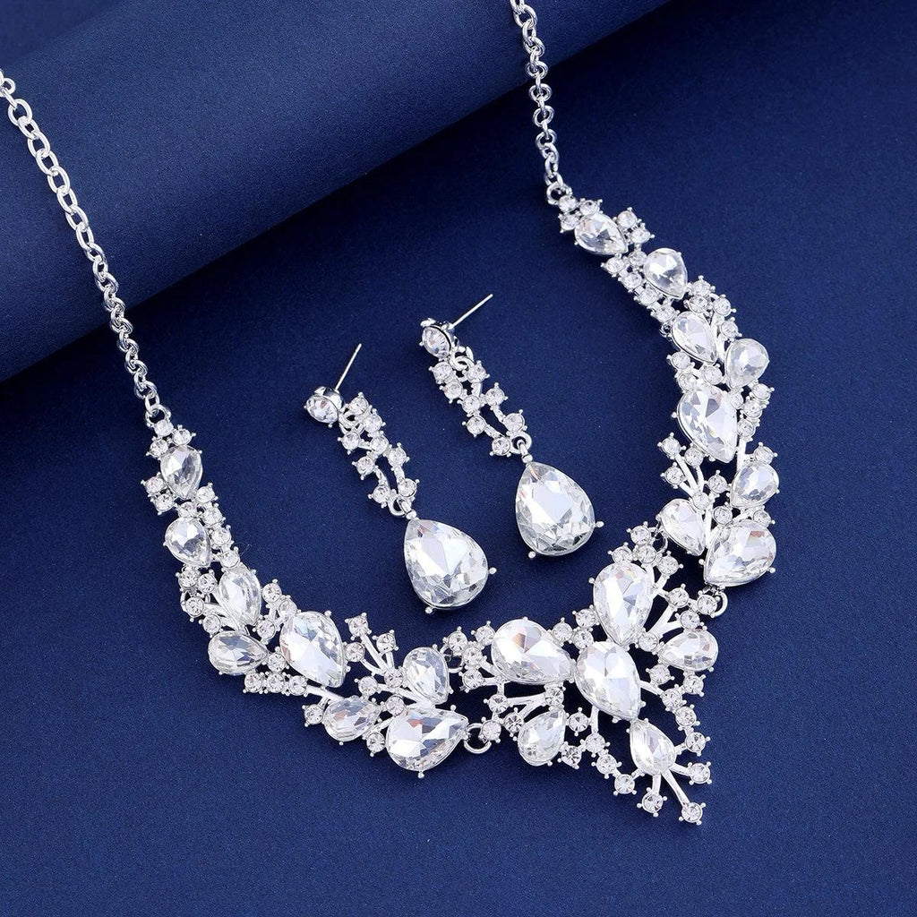 Luxury Bridal Teardrop Crystal Rhinestone Necklace Earrings Jewelry Set For Wedding Banquet Party Gift