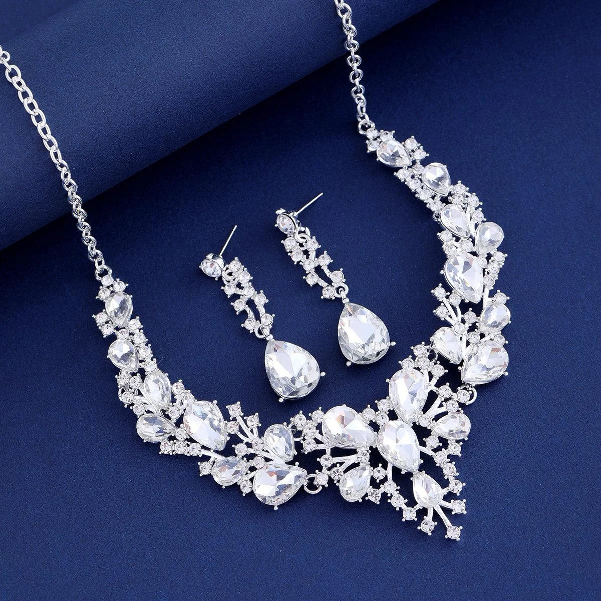 Luxury Bridal Teardrop Crystal Rhinestone Necklace Earrings Jewelry Set For Wedding Banquet Party Gift
