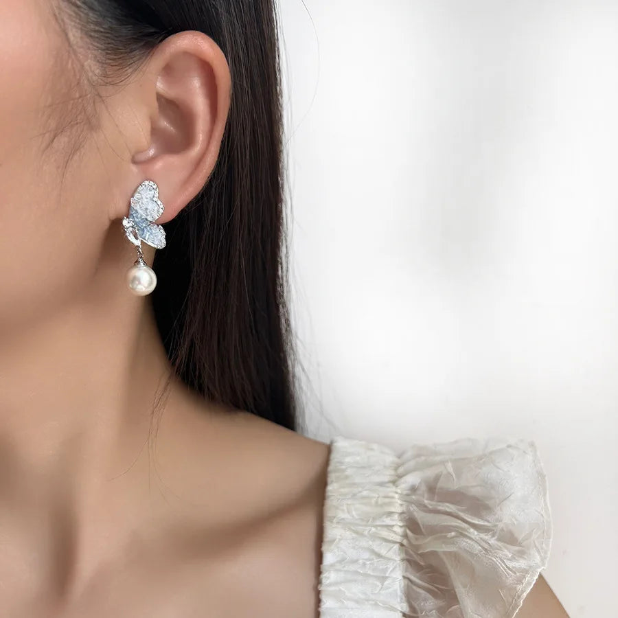Elegant Blue Crystal Butterfly Pearl Drop Stud & Clip On No Piercing Luxury Rhinestone Earrings