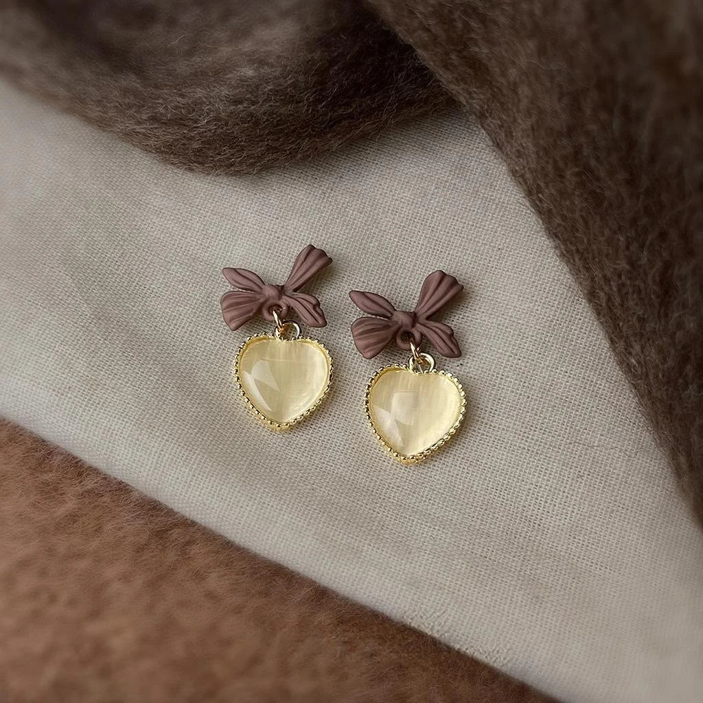 Vintage Artistic Lacquered Glass Cat Eye Stone Heart Bow Drop Earrings