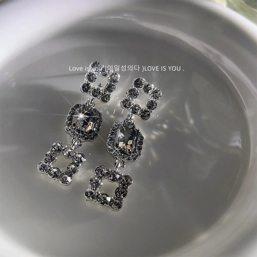 Light Luxury Gray Glass Crystal Hollow Geometric Copper Drop Earrings For Women