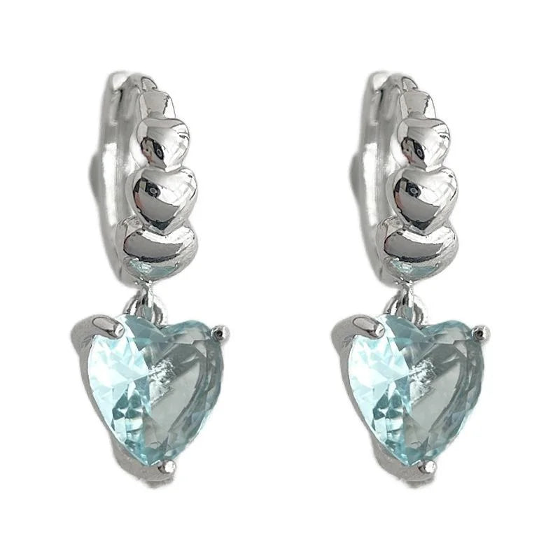 Sweet Cool Aquamarine Heart Zircon Copper Drop Earrings Handmade Geometric Designer Jewelry