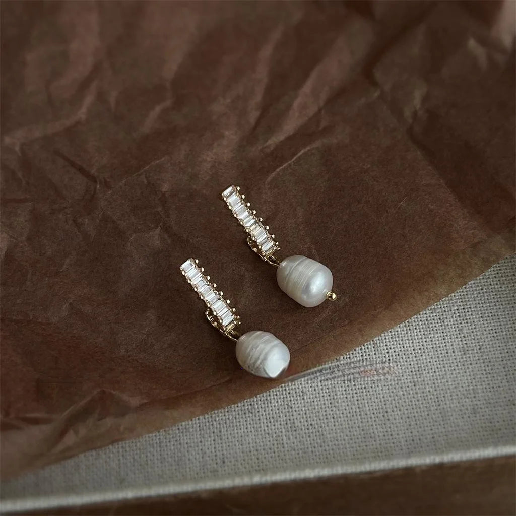 French Vintage Geometric Freshwater Pearl Micro Pave Zircon Copper Drop Earrings For Women