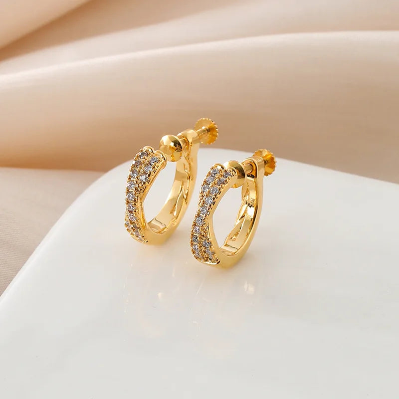 Elegant Gold Alloy Micro Pave Zircon Cross Small Huggie Hoop Stud & Clip On No Piercing Earrings