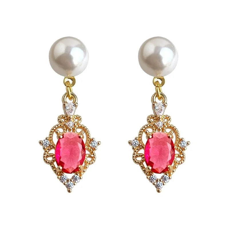 Hong Kong French Retro Geometric Zircon Glass Pearl Tassel Drop Earrings