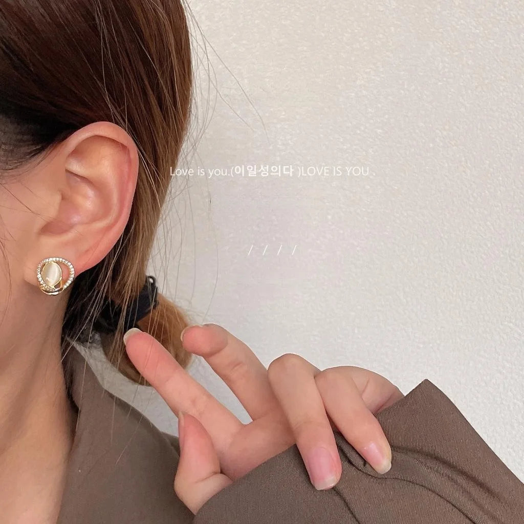 Moonlight White Cat Eye Zircon Stud Earrings 14K Plated Copper Geometric Round Luxury Jewelry