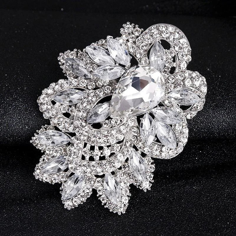 Oversized Luxury Crystal Rhinestone Flower Brooch, Elegant Bridal Bouquet Lapel Pin Corsage Gift
