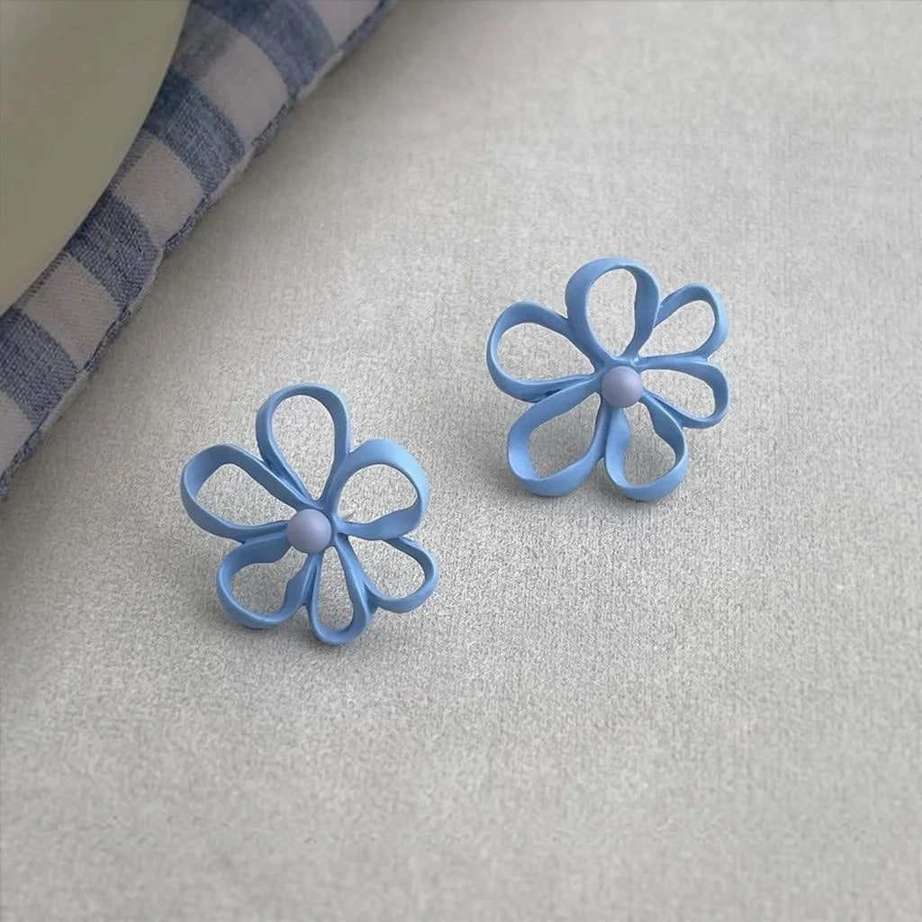 Haze Blue Enamel Hollow Flower Stud Earrings Elegant Casual Autumn Winter Jewelry