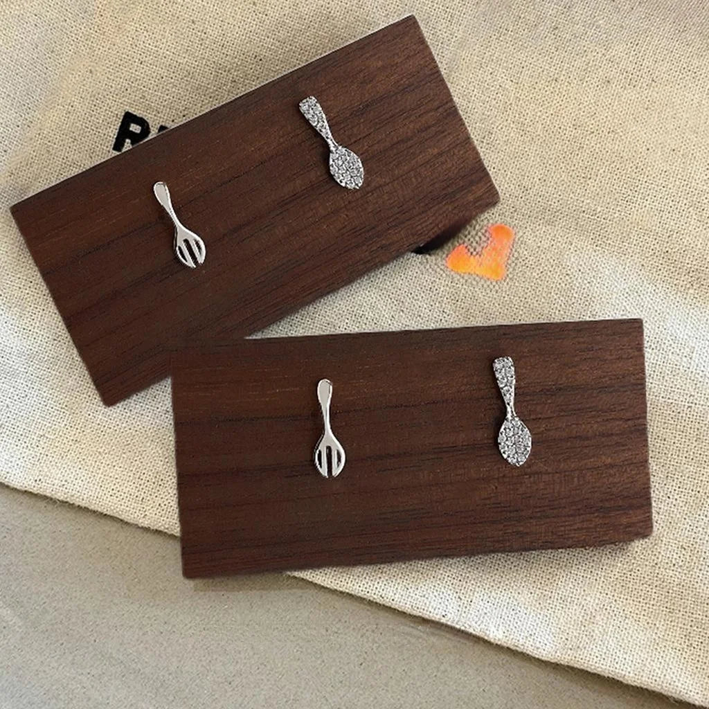 Cute Asymmetric Spoon Fork Stud Earrings Copper Micro Pave Zircon Mini Jewelry