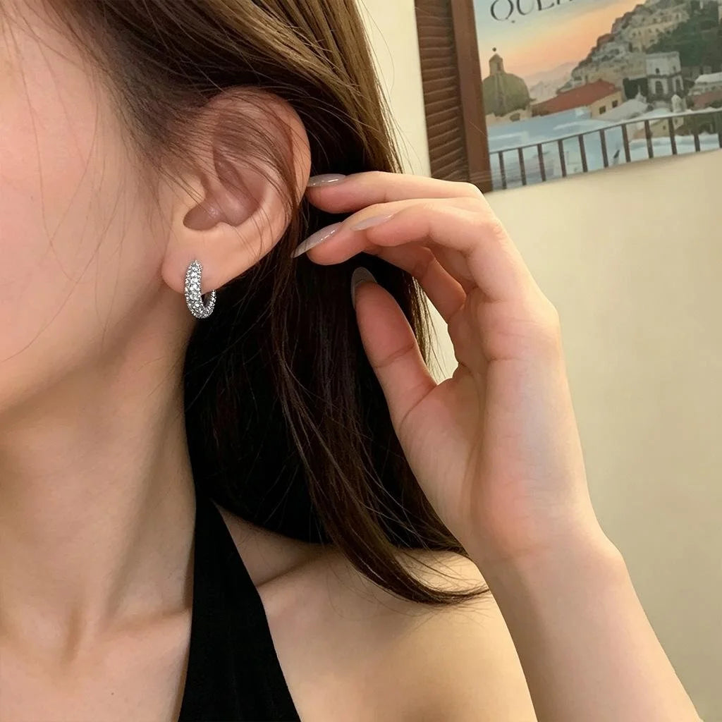 Luxury Black Enamel Geometric Round Zircon Micro Pave Stud Earrings For Women