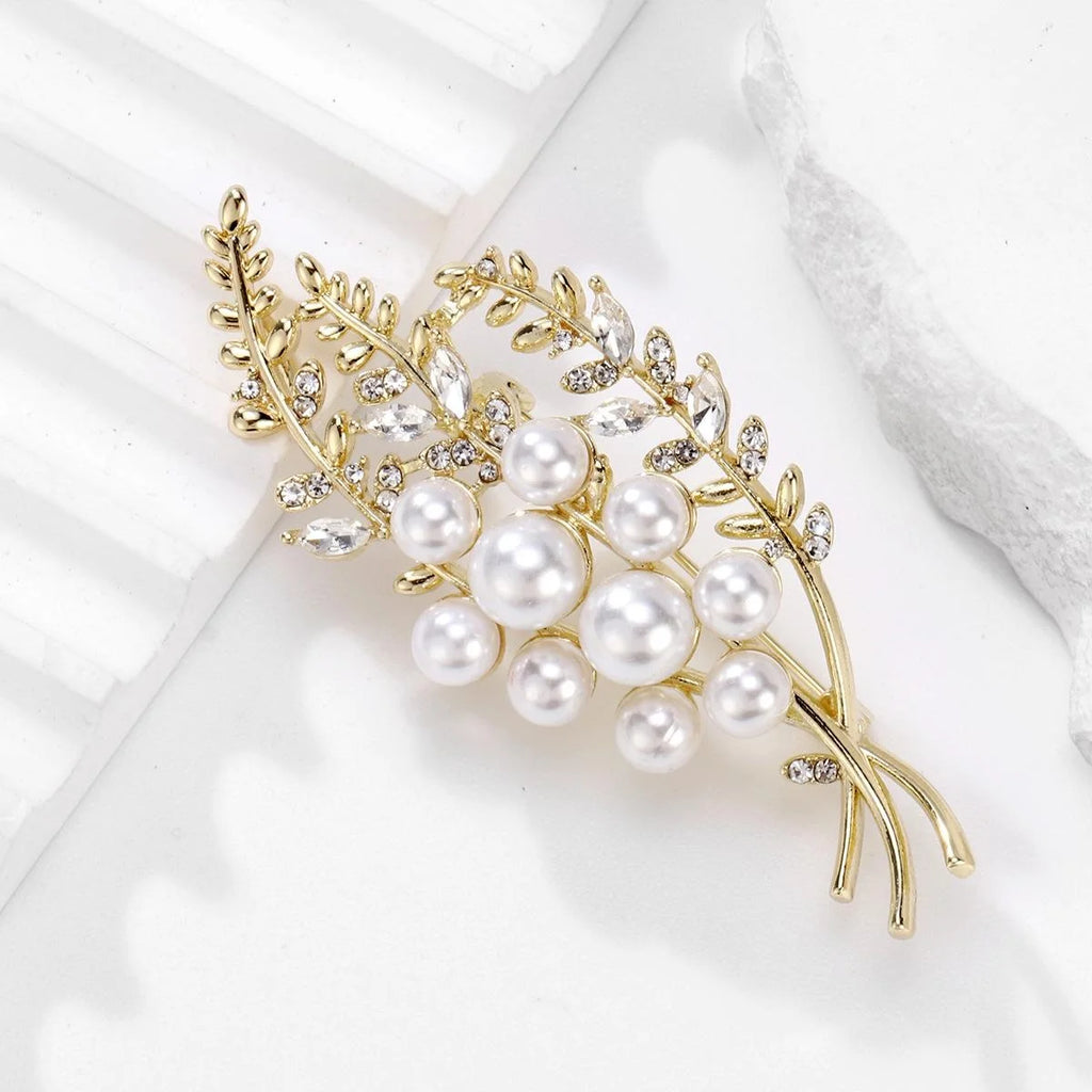 Elegant Wheat Ear Pearl Rhinestone Brooch Gold Tone Alloy Plant Lapel Pin Corsage Suit Accessory Gift