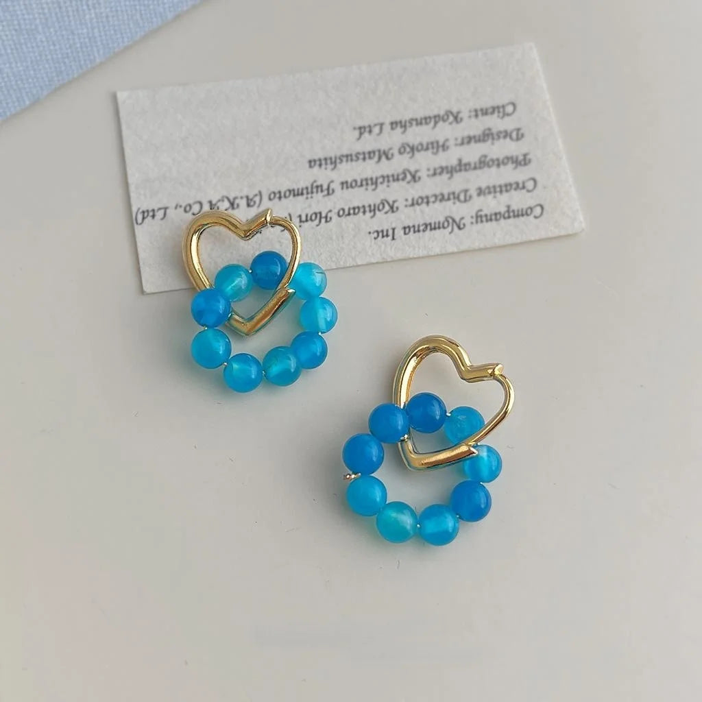 Aqua Blue Natural Agate Heart Geometric Floral Drop Earrings Handmade Resort Style