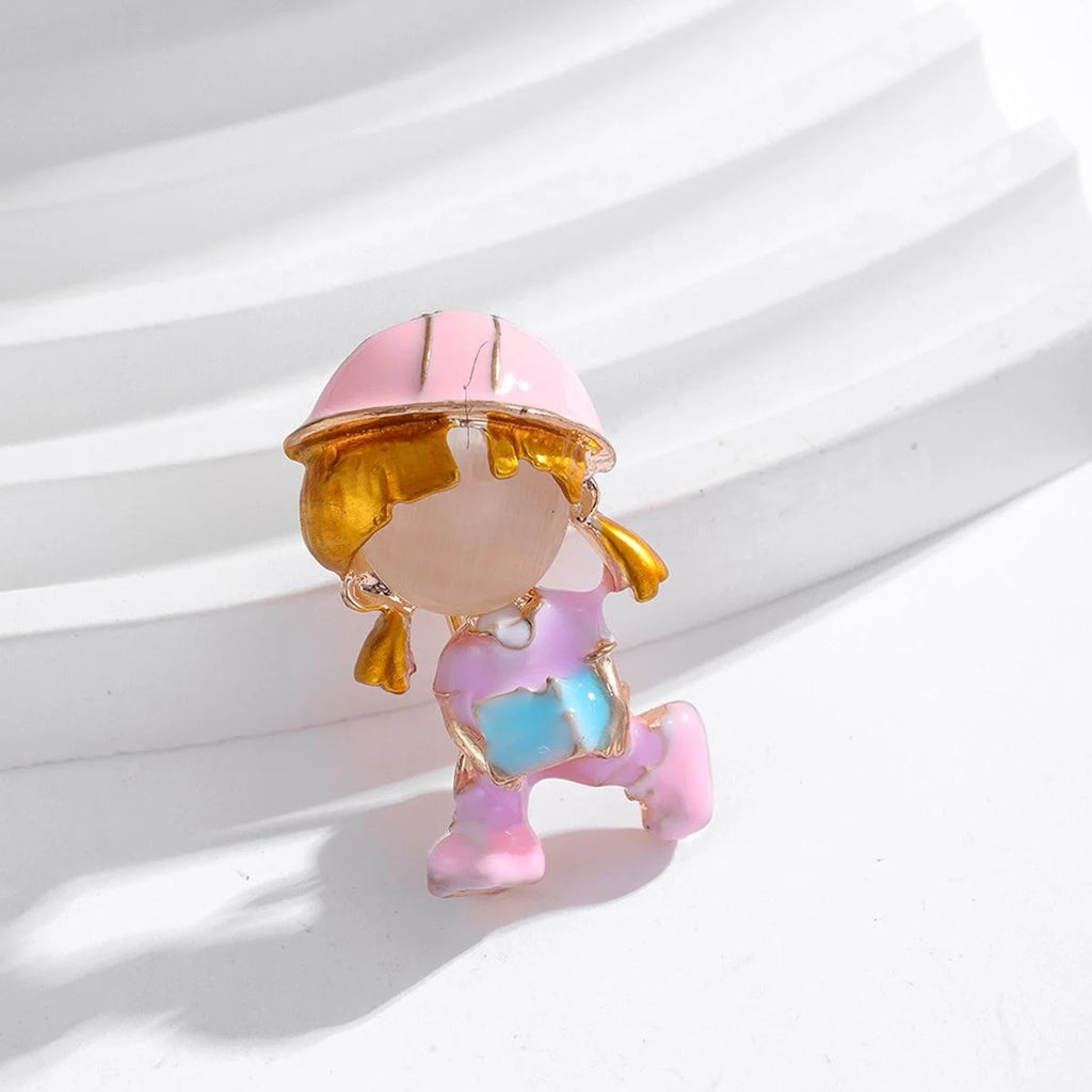 Cute Enamel Little Girl Carrying Bricks Brooch, Gold Tone Alloy Lapel Pin Corsage Suit Accessory Gift