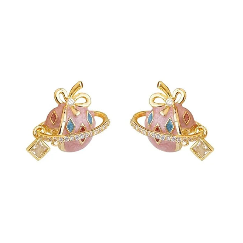 Sweet Strawberry Enamel Copper Zircon Stud Earrings Handmade Painted Fruit Geometric Jewelry