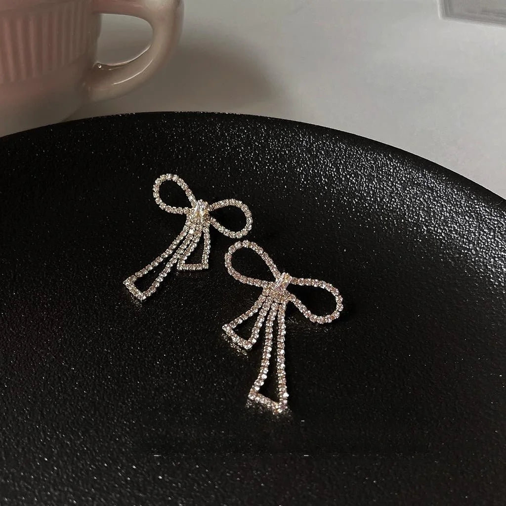 Luxury 14K Plated Copper Rhinestone Bow Drop Earrings With Silver Plated Pins For Women