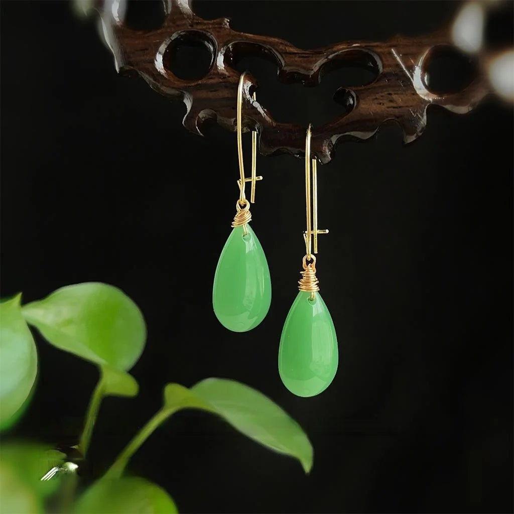 Handmade Green Glass Teardrop Drop Earrings Vintage Palace New Chinese Style Jewelry