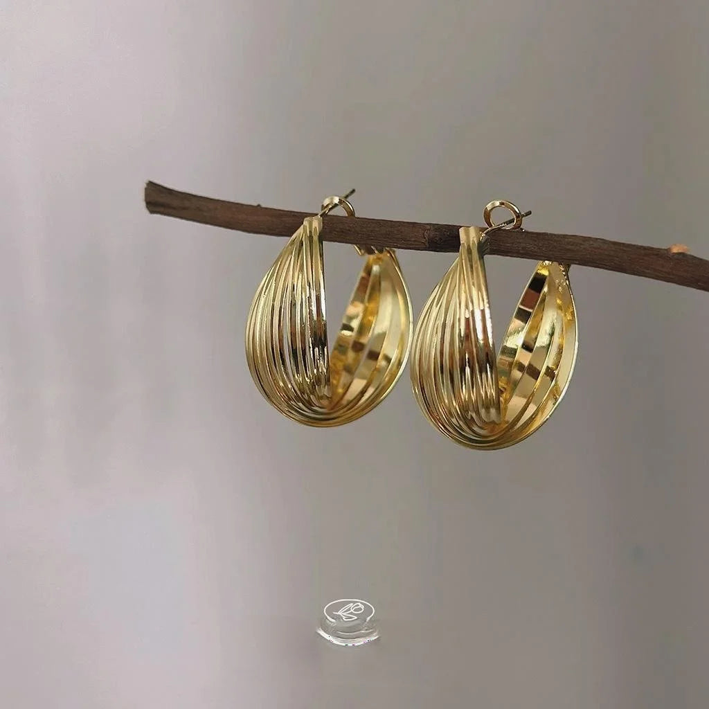 Klein Style Geometric Hoop Stud Earrings, 14K Plated Metal Minimalist Korean Jewelry