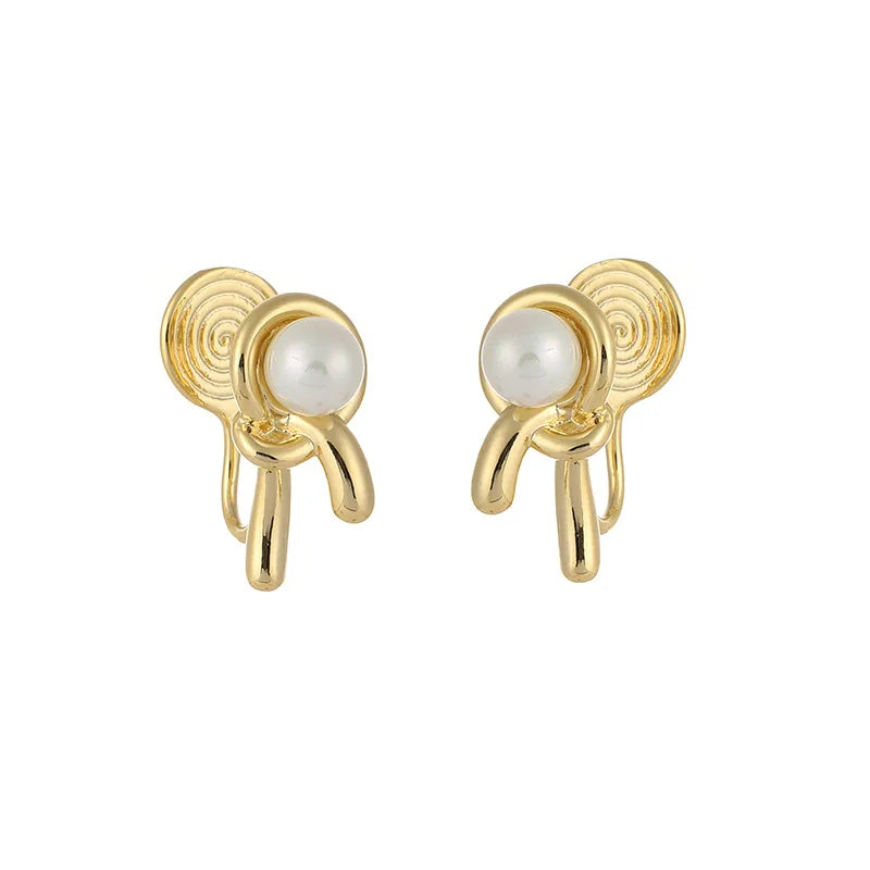 Elegant Luxury Gold Alloy Knotted Pearl Spiral Stud & Clip On No Piercing Statement Earrings