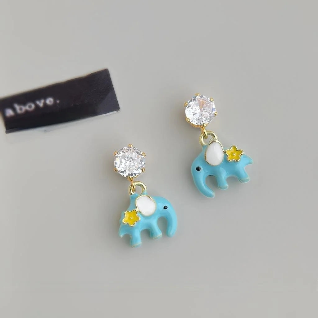 Cute Enamel Glazed Elephant Drop Earrings Copper Zircon Handmade Whimsical Jewelry