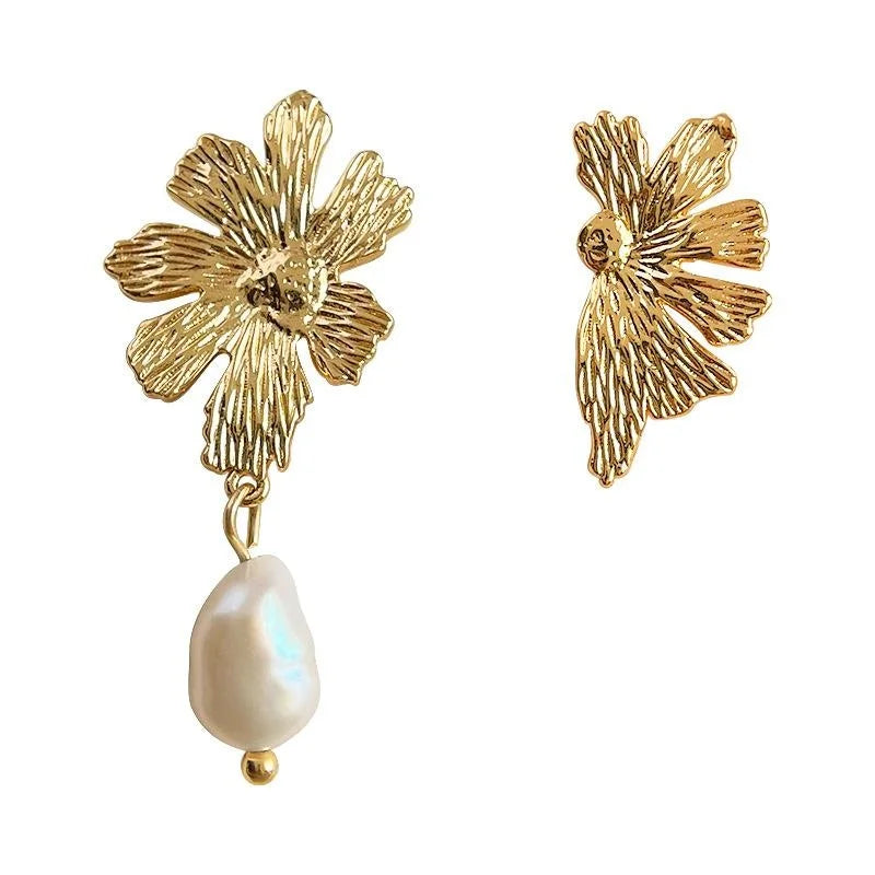 Vintage Baroque Freshwater Pearl Drop Earrings Copper Asymmetric Floral Geometric Jewelry