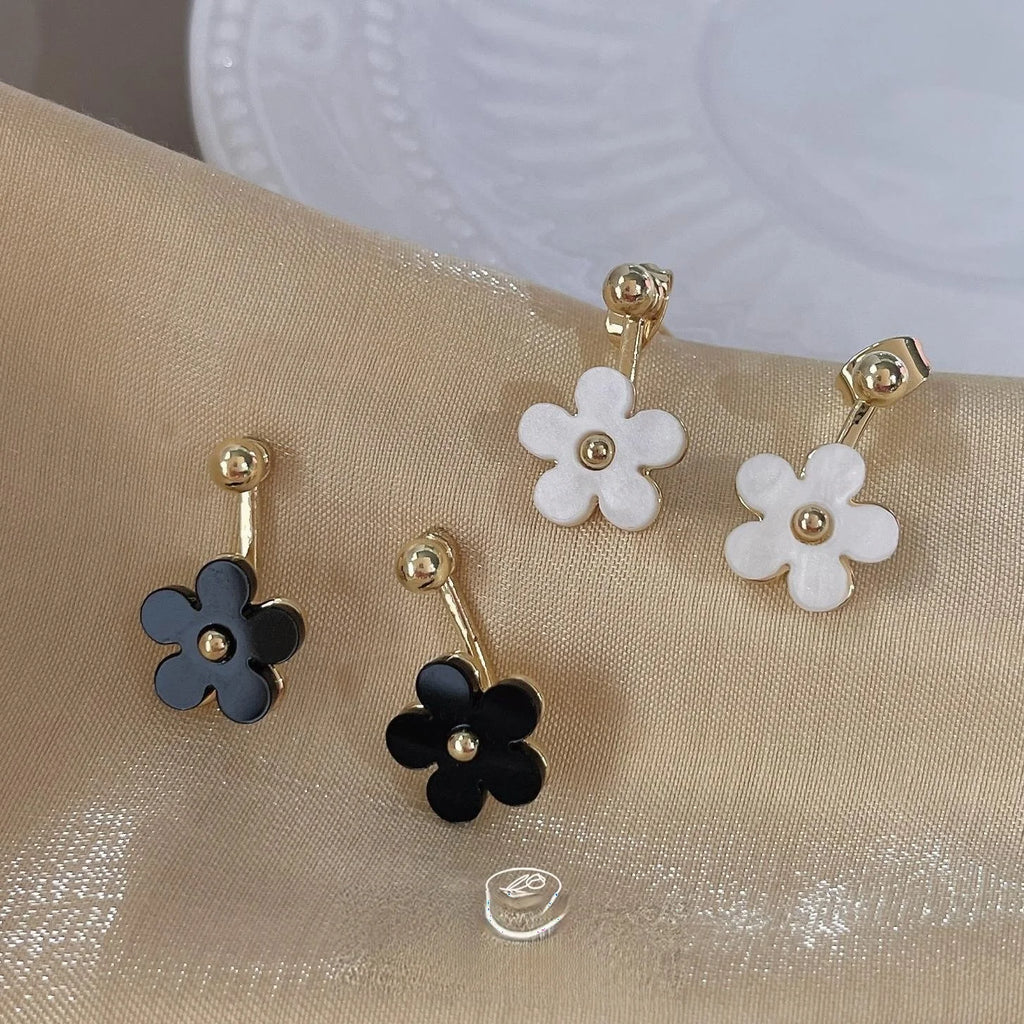 Korean Style Black White Acrylic Flower Back Hanging Stud Earrings With Copper Silver Plated Pins