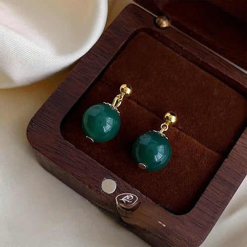 Neo Chinese Palace Style Green Agate Geometric Round Handmade Drop Earrings