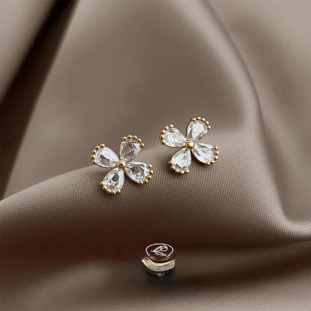 Mini 14K Plated Zircon Flower Petal Stud Earrings For Women Simple Commuter Jewelry