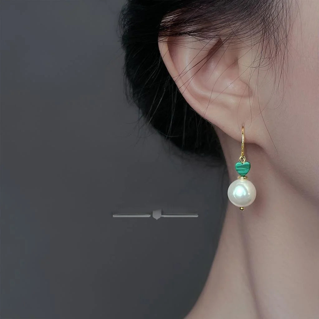 Vintage Ethnic New Chinese Glass Pearl Synthetic Malachite Geometric Round Drop Earrings