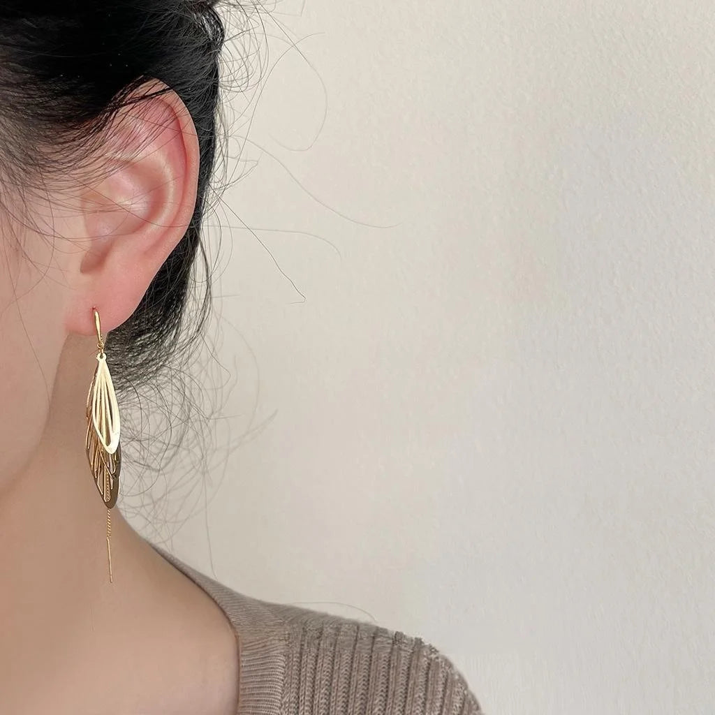 14K Gold Plated Copper Wing Leaf Tassel Drop Earrings Light Luxury Forest Style
