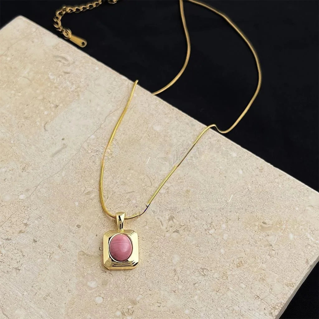 18K Gold Plated 304 Stainless Steel Red Wood Grain Natural Stone Geometric Necklace For Women