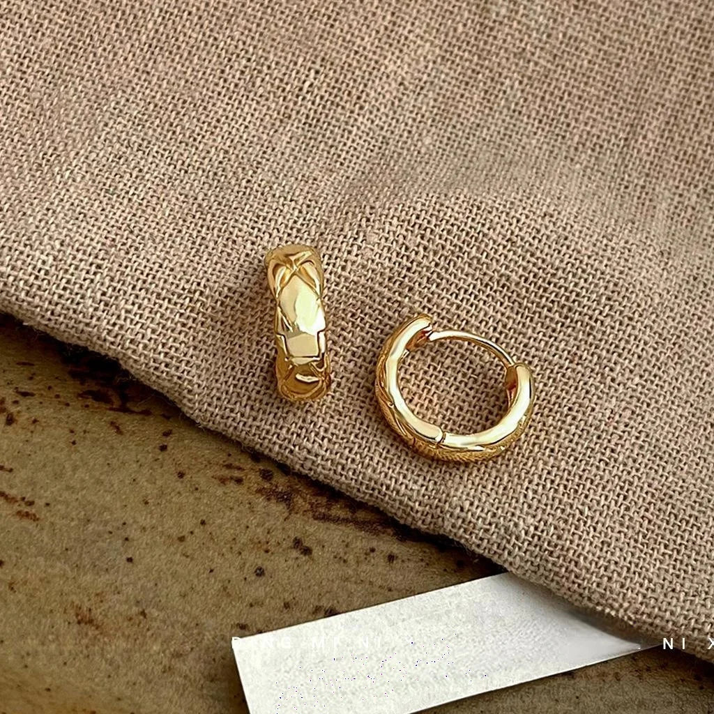 14K Gold Plated Copper Geometric Diamond Lattice Round Stud Earrings For Women