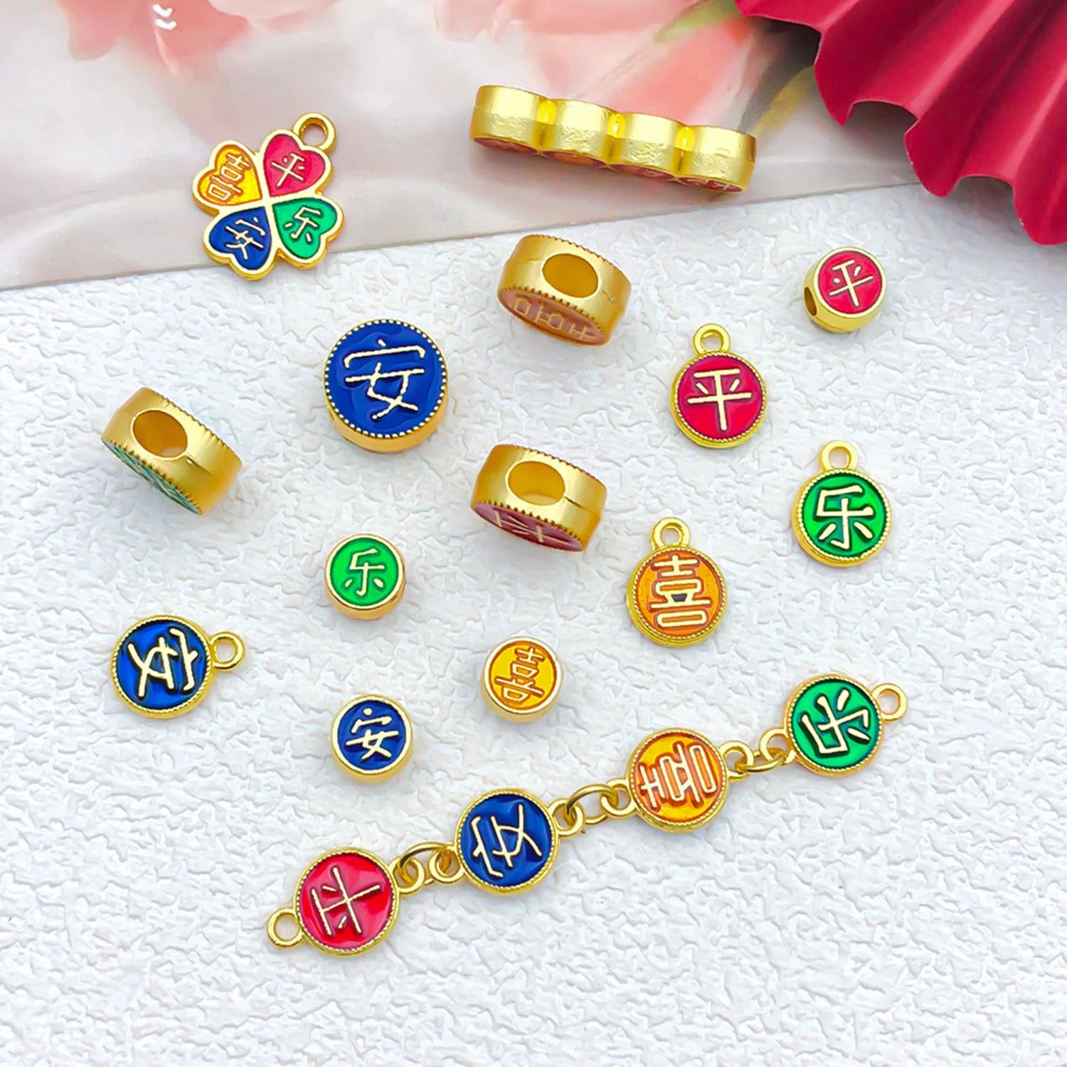 Sand Gold Zinc Alloy Peace Joy Spacer Beads for DIY Bracelet Necklace Jewelry
