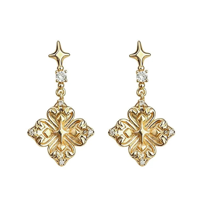 Premium Eco Copper Iris Flower Star Zircon Micro Pave Drop Earrings