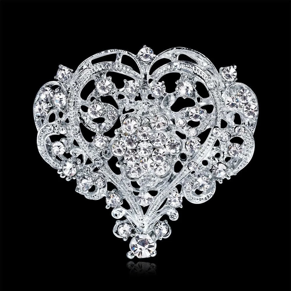 Luxury Large Heart Rhinestone Alloy Brooch For Women, Elegant Bridal Corsage Lapel Pin Suit Accessory