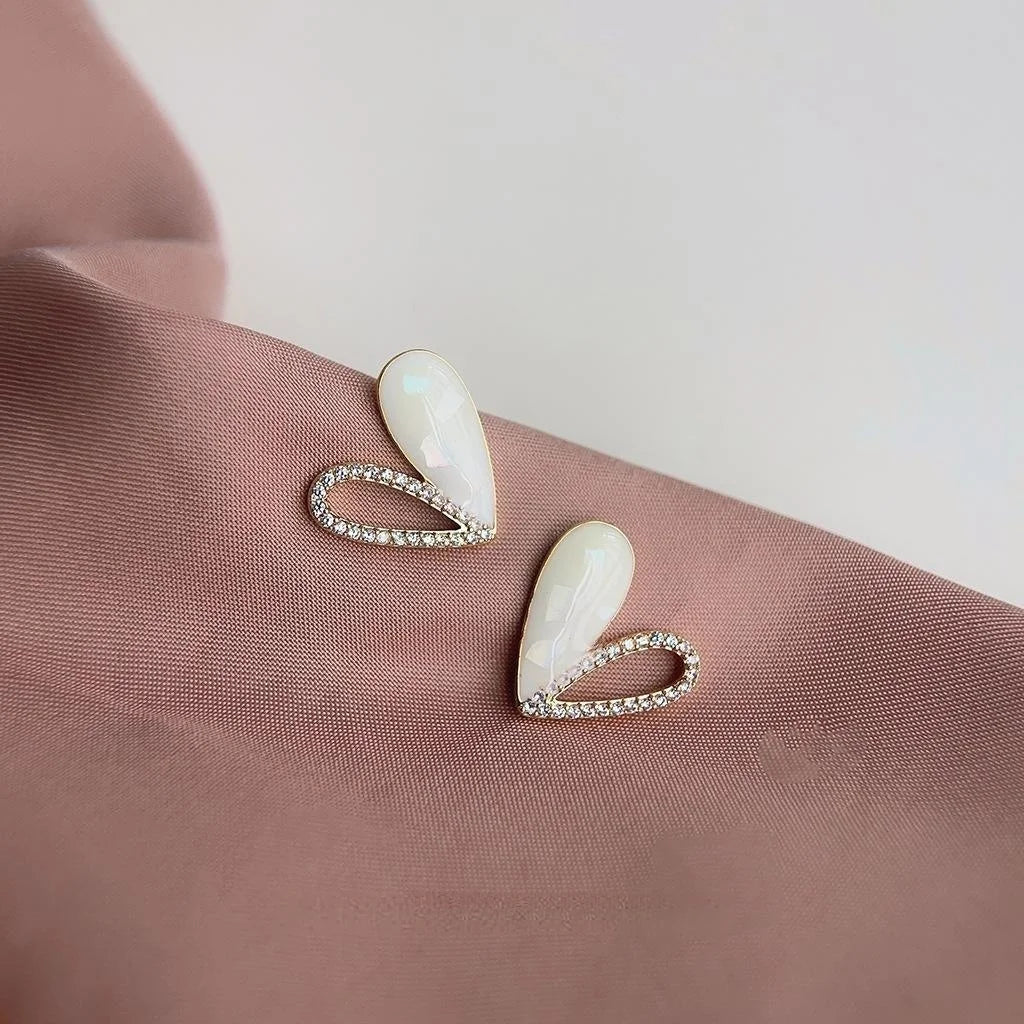 French Vintage Copper Heart Stud Earrings, Micro Pave Zircon Enamel Hollow Design