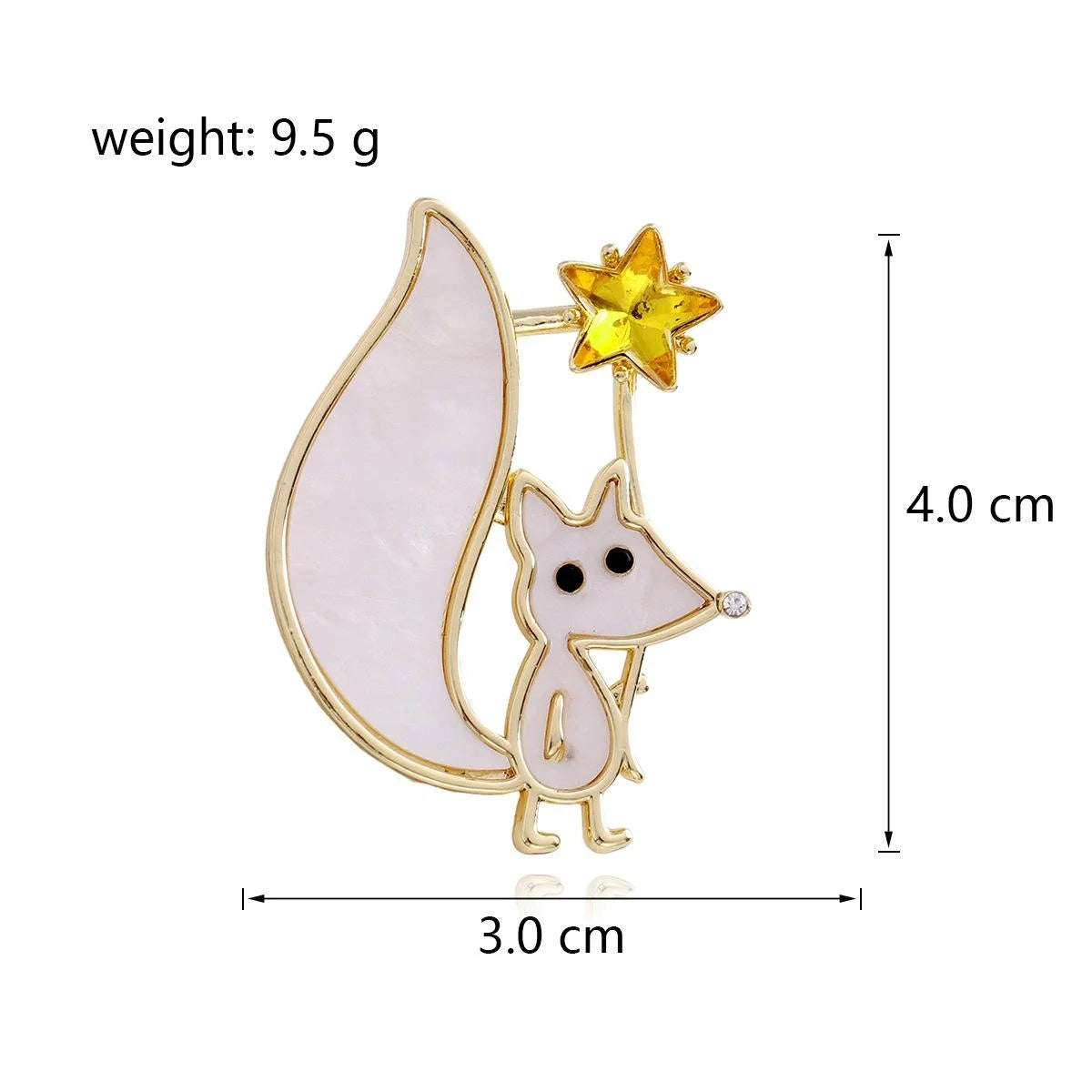 Cute Mother Of Pearl Fox With Yellow Rhinestone Star Brooch, Gold Alloy Lapel Pin Scarf Clip Gift