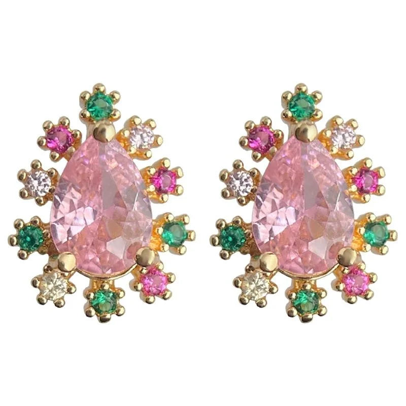 Sweet Colorful Micro Pave Zircon Waterdrop Stud Earrings, Copper Floral Teardrop Design