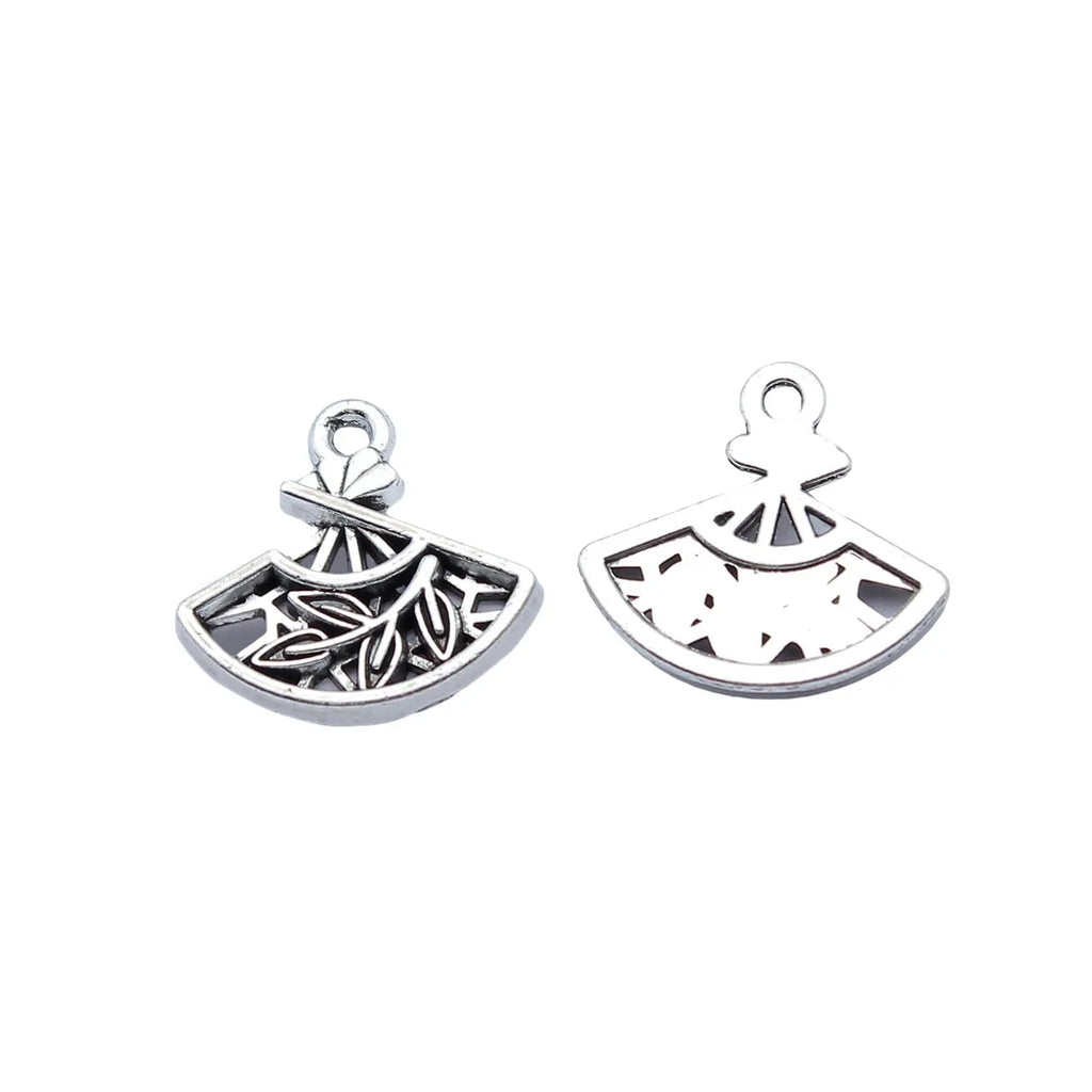 18x17mm 1.4g Antique Silver Zinc Alloy Bamboo Painted Fan Charm Pendant for DIY Necklace Jewelry Making