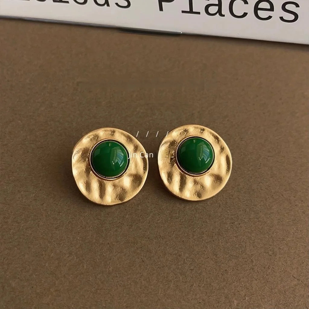 Vintage Old Money Round Geometric Copper Stud Earrings Matte Silver Tone Commuter Jewelry