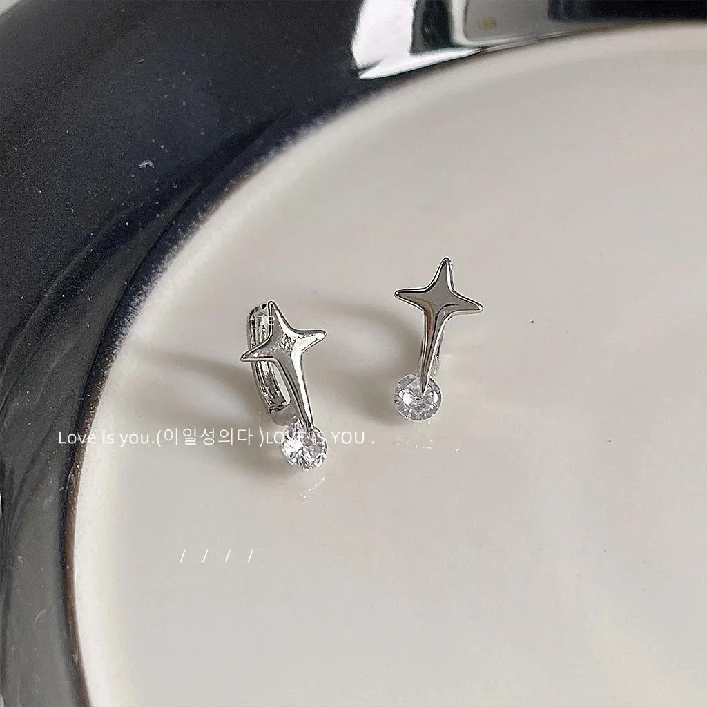 Sweet Cool Silver Tone Copper Star Zircon Planet Design Stud Earrings For Women