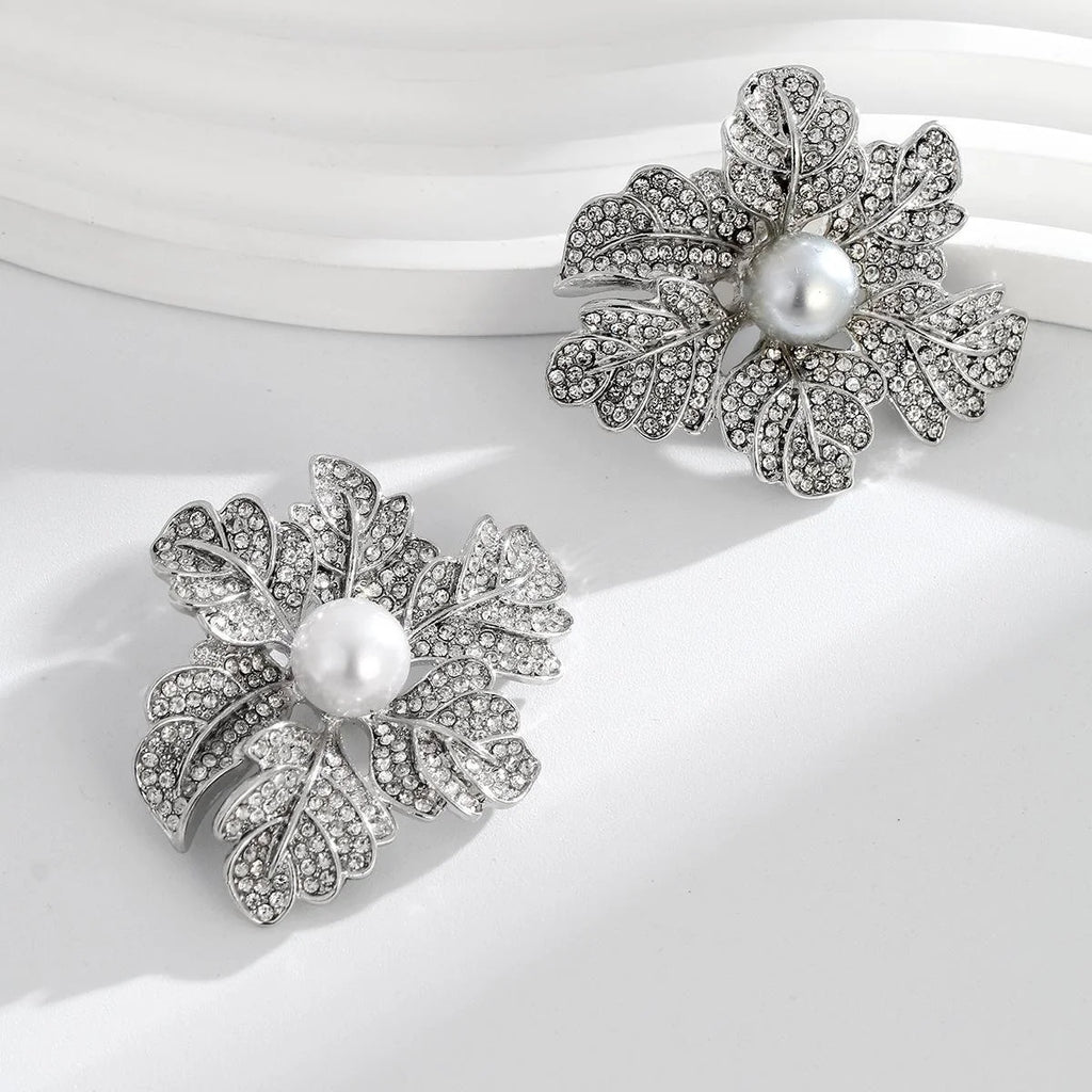 Elegant Rhinestone Flower Brooch With Faux Pearl Center, Silver Rose Corsage Lapel Pin Suit Accessory