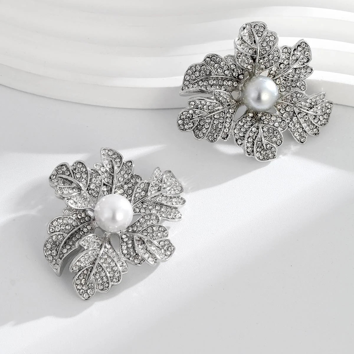Elegant Rhinestone Flower Brooch With Faux Pearl Center, Silver Rose Corsage Lapel Pin Suit Accessory