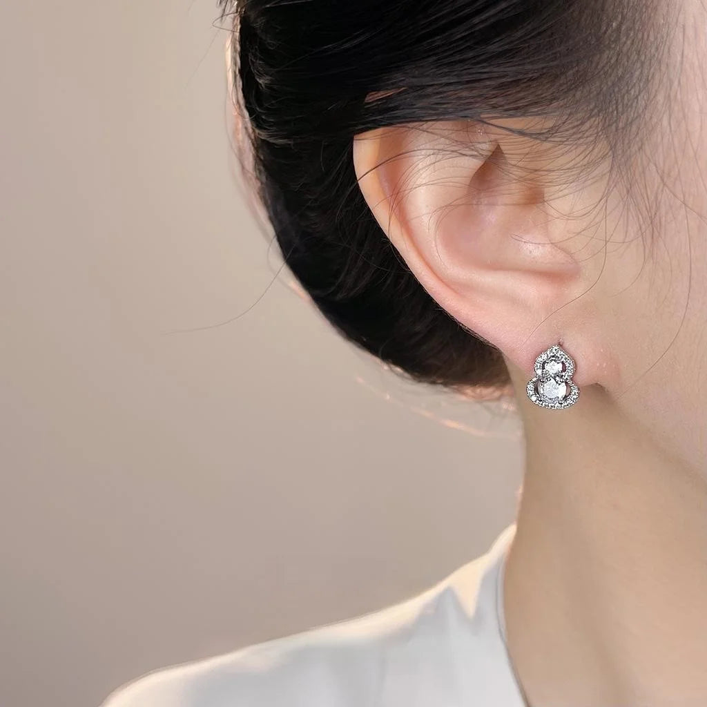 Light Luxury Copper Zircon Gourd Stud Earrings, Geometric Minimalist Jewelry