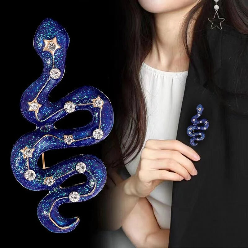 Luxury Blue Enamel Snake Brooch With Rhinestone Stars, Statement Animal Lapel Pin Suit Accessory Gift