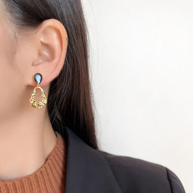 Vintage Wrinkled Gold Alloy Hoop Drop With Black Crystal Stud & Clip On No Piercing Earrings