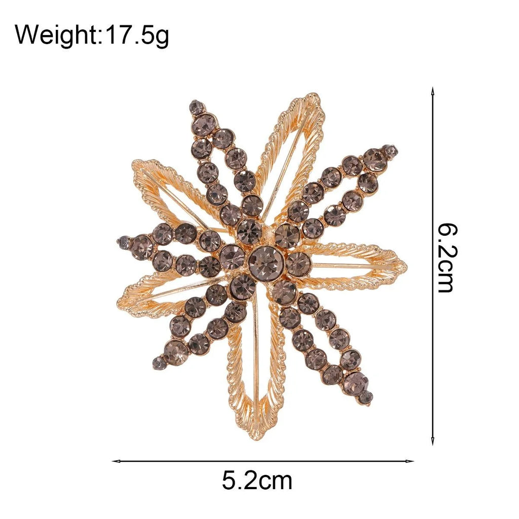 Elegant Snowflake Flower Rhinestone Alloy Brooch, Luxury Gold Tone Lapel Pin Corsage Suit Accessory