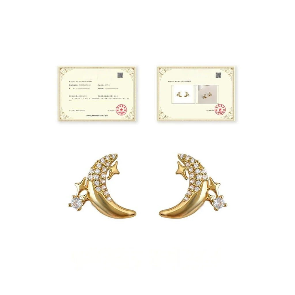 14K Plated Copper Moon Star Zircon Stud Earrings, Fashion Commuter Jewelry